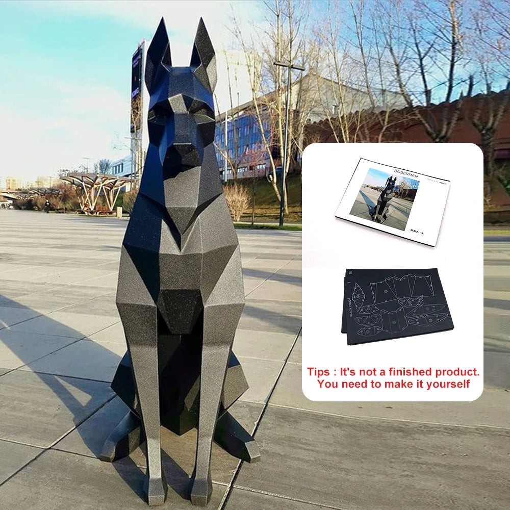 Doberman 3D Paper Model – DIY Animal Papercraft Room Decor Geometric dog sculpture in an outdoor setting with a small inset showing a product packaging.