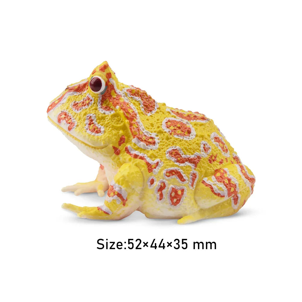 Strawberry Frog Mini Figure – Realistic Animal Model Collectible Toy Yellow and red frog figurine on a white background with size information.