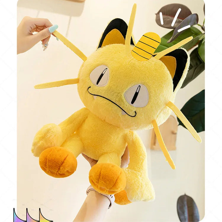 Pokemon Meowth Plush Toy – Giant Cute Stuffed Animal Pillow Yellow plush toy resembling a cat with long ears held by a person against a neutral background