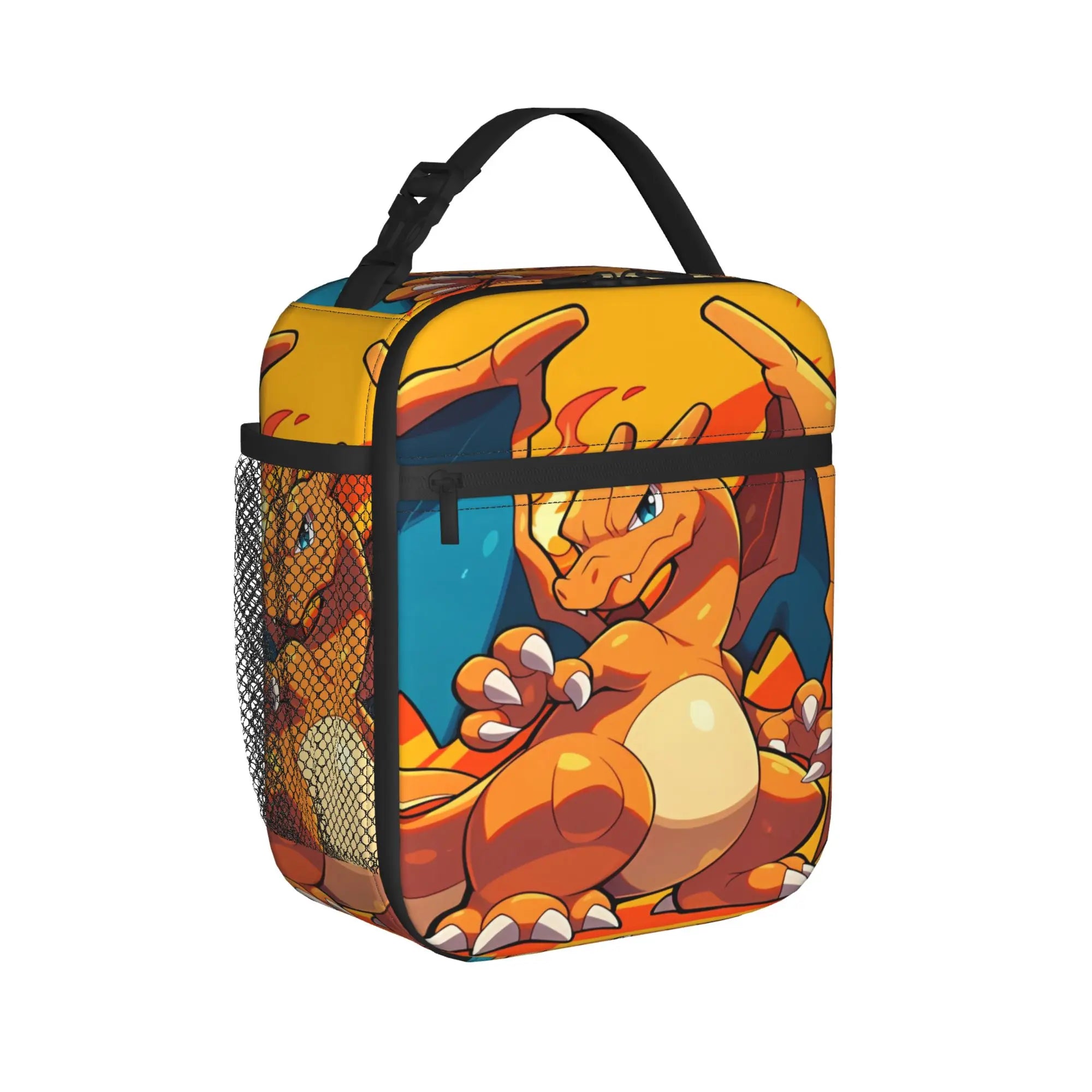 Pokemon Charizard Fire Burst Lunch Bag – Waterproof Insulated Tote A square insulated lunch bag featuring a printed Charmander design on a white background. The bag has black trim, a top handle, a side mesh pocket, and a front zipper.