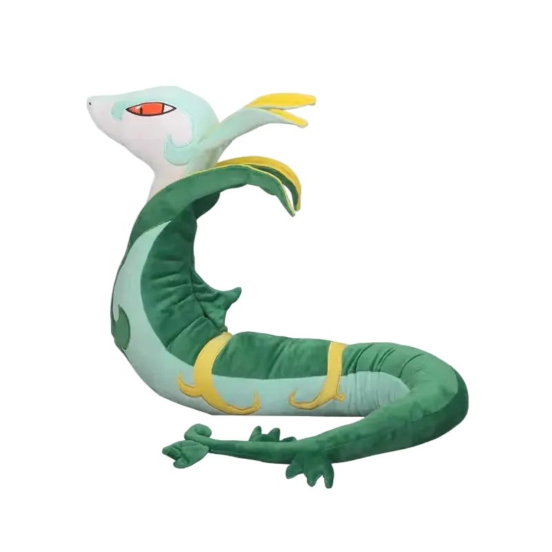 Pokemon Serperior Plush Toy – Soft Stuffed Animal Toy for Kids A plush toy shaped like a serpent or dragon, shown in side view on a plain light background. The toy is primarily green with pale mint/white sections, yellow accents, and a small red eye.
