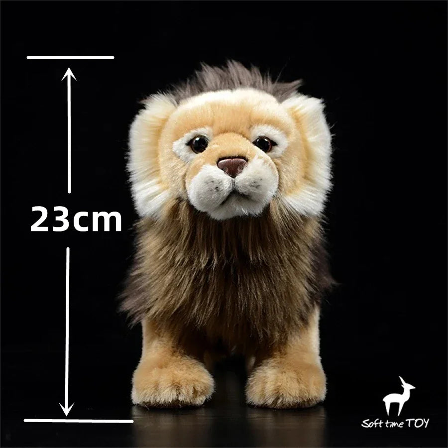 Realistic Lioness Plushie – African Lion Simulation Toy Plush lion toy with measurement label on a black background