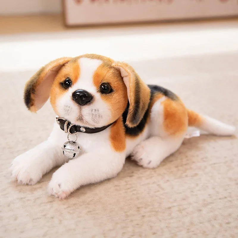 Realistic Dalmatian Beagle Plush Stuffed Toy Stuffed dog toy with a bell on a beige surface