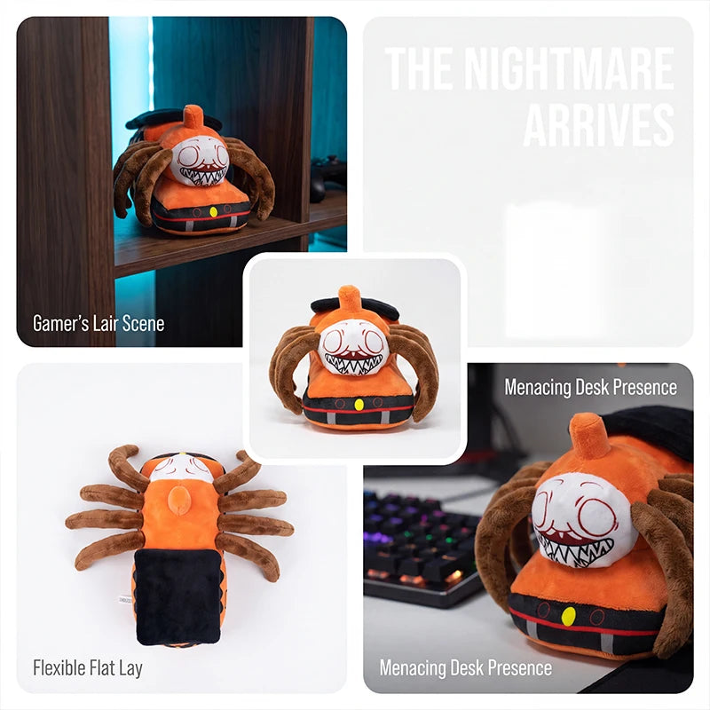 Horror Spider Plush Dolls – 2-Piece Creepy Halloween Set An orange and brown spider-themed plush toy shown in multiple lifestyle-style desk scenes, with text labels including 'Gamer's Lair Scene,' 'Menacing Desk Presence,' and 'Flexible Flat Lay.' The collage includes a large text panel reading 'THE NIGHTMARE ARRIVES.