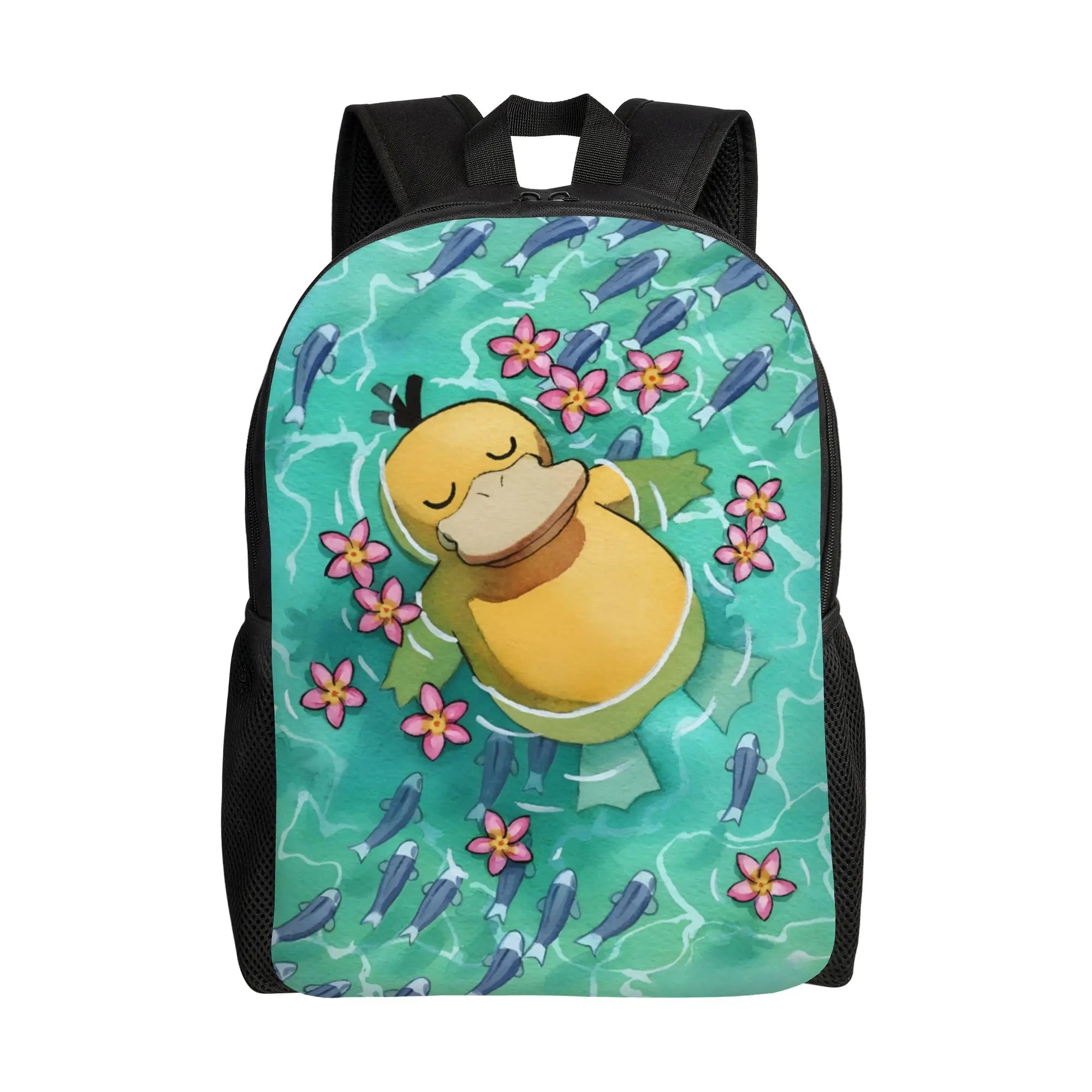 Pokemon Psyduck Laptop Backpack – School Bag A black backpack featuring a colorful printed design of a sleeping yellow duckling floating in turquoise water with pink flowers and blue fish.
