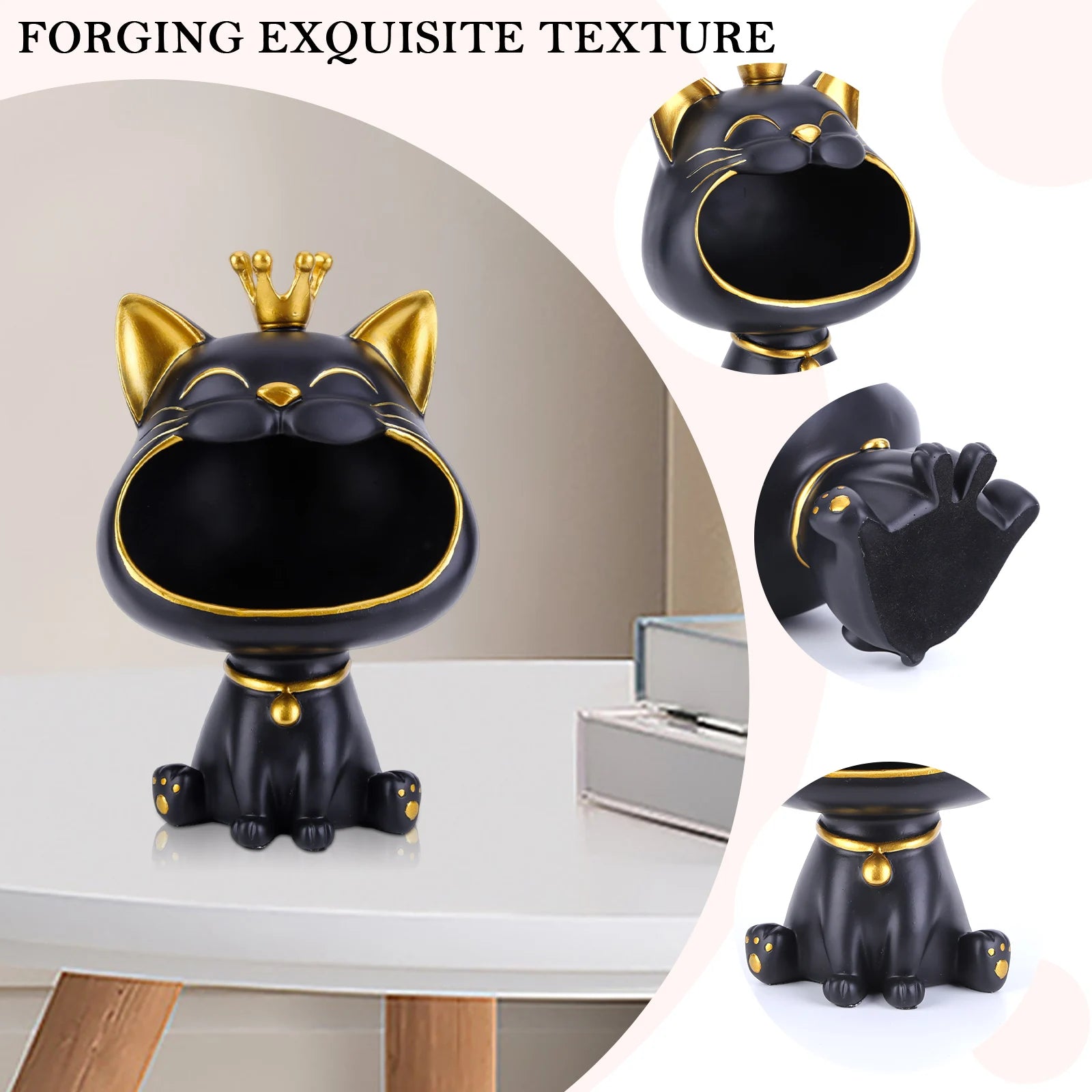 Lucky Cat Figurine with Storage Box – Resin Laughing Cat Home Decor Black and gold cat figurine with detailed design on a white surface.
