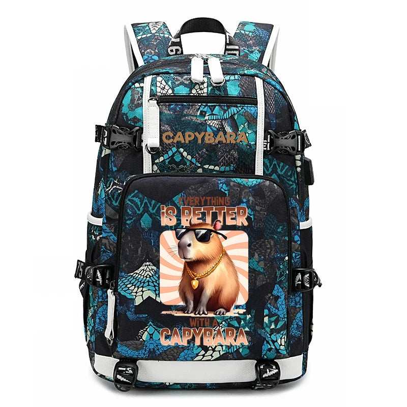 Capybara Backpack – Large Capacity Lightweight School Bag A backpack with a black and teal capybara-themed pattern, featuring a large front graphic of a capybara wearing sunglasses with the text 'EVERYTHING IS BETTER WITH A CAPYBARA'.