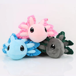 Four colorful plush toys resembling flowers on a white background
