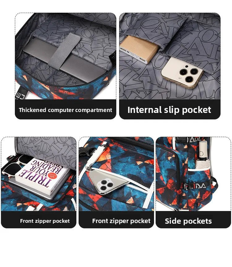 Capybara Backpack – Large Capacity Lightweight School Bag A six-panel product feature collage showing a backpack's compartments and pockets. The top-left panel shows a thickened computer compartment with a laptop inside.