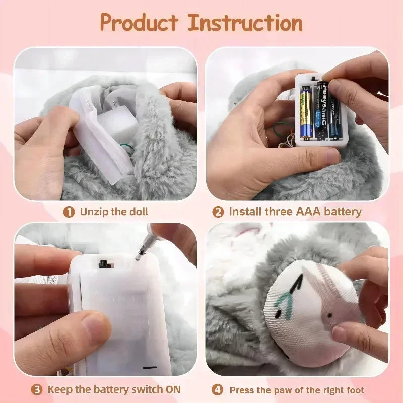 Baby Breathing Otter Plush with Light & Sound Step-by-step instructions for assembling a plush toy with batteries on a pink background.
