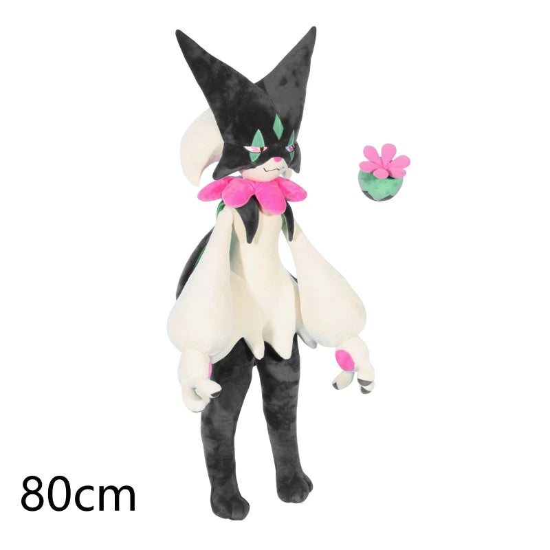 Pokemon Meowscarada Plush Pillow Stuffed Toy Plush toy of a character with black and white fur, pink flowers, and a small green creature on a white background.