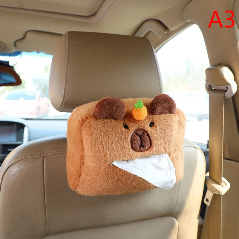 Capybara Car Headrest Neck Pillow & Tissue Holder – Plush Car Decor Car headrest organizer with bear design and tissue holder inside a vehicle.