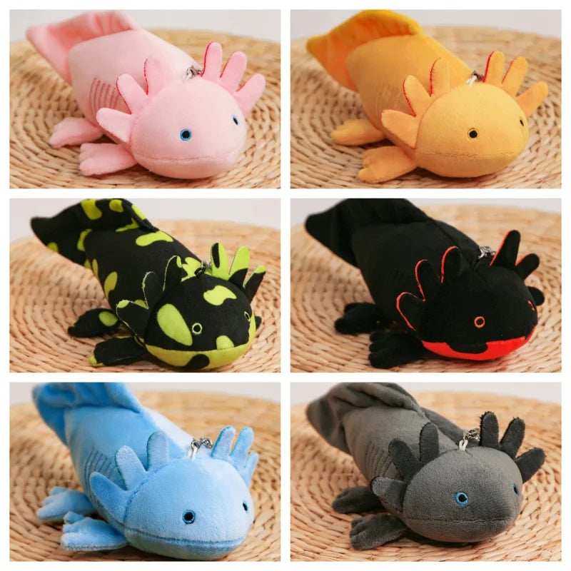 Cute Axolotl Plush Toy – Squishmallow Salamander Stuffed Animal Collage of six axolotl plush toys in different colors on a woven mat.