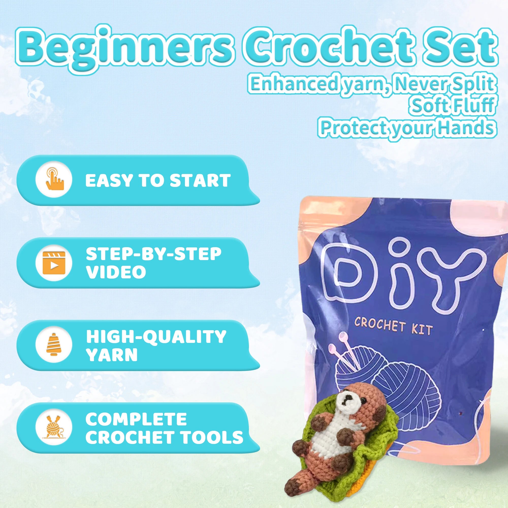 Otter Crochet Starter Kit – Easy Knitting & Craft Set Beginners crochet set with promotional text on a light blue background