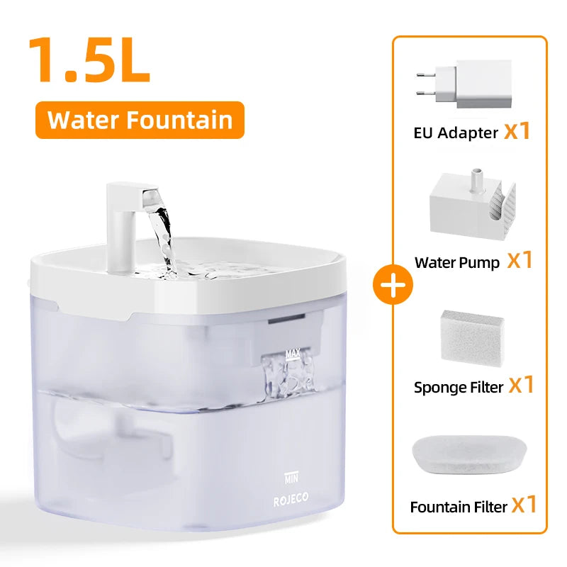 Smart Cat Water Fountain Automatic Filter Pet Dispenser 1.5L water fountain with EU adapter, water pump, sponge filter, and fountain filter on a white background