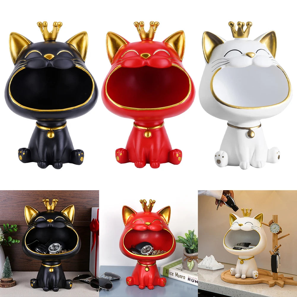 Lucky Cat Figurine with Storage Box – Resin Laughing Cat Home Decor Collage of cat-shaped coin banks in black, red, and white with crowns on a white background.