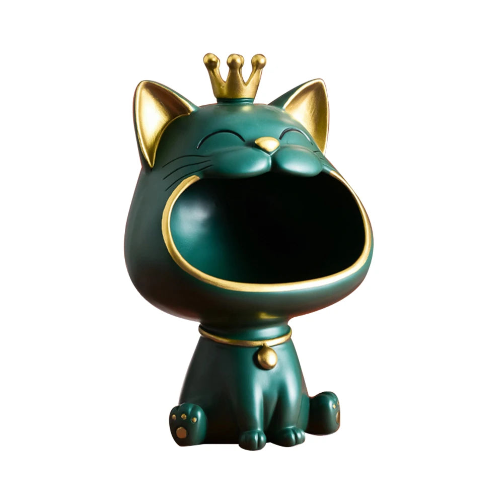 Lucky Cat Figurine with Storage Box – Resin Laughing Cat Home Decor Green cat figurine with a gold crown on a white background