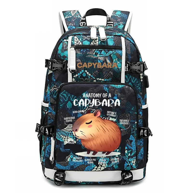 Capybara Backpack – Large Capacity Lightweight School Bag A capybara-themed backpack with a black and blue patterned design, featuring a large front pocket with an illustration of a capybara and the text 'ANATOMY OF A CAPYBARA'.