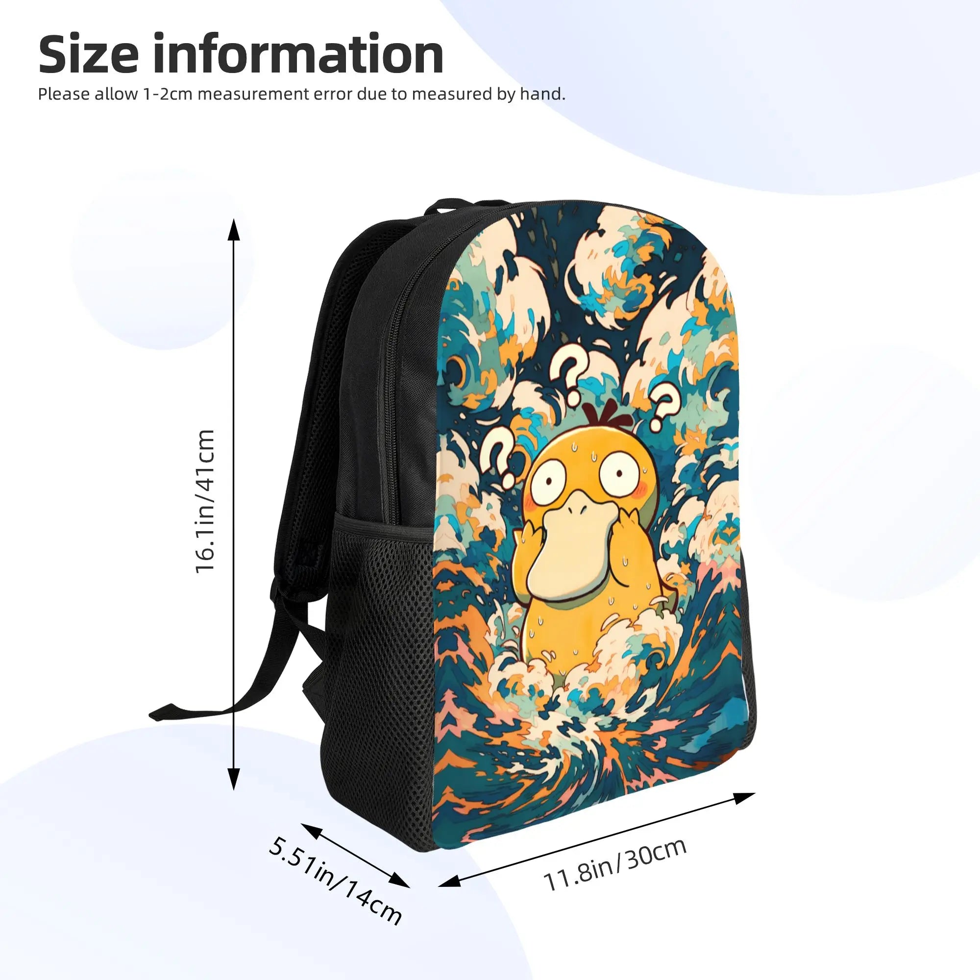 Pokemon Psyduck Laptop Backpack – School Bag A backpack with a colorful printed design of a yellow cartoon character in swirling blue, white, and orange waves, shown with dimension arrows and text indicating measurements of 16.1 in height, 11.
