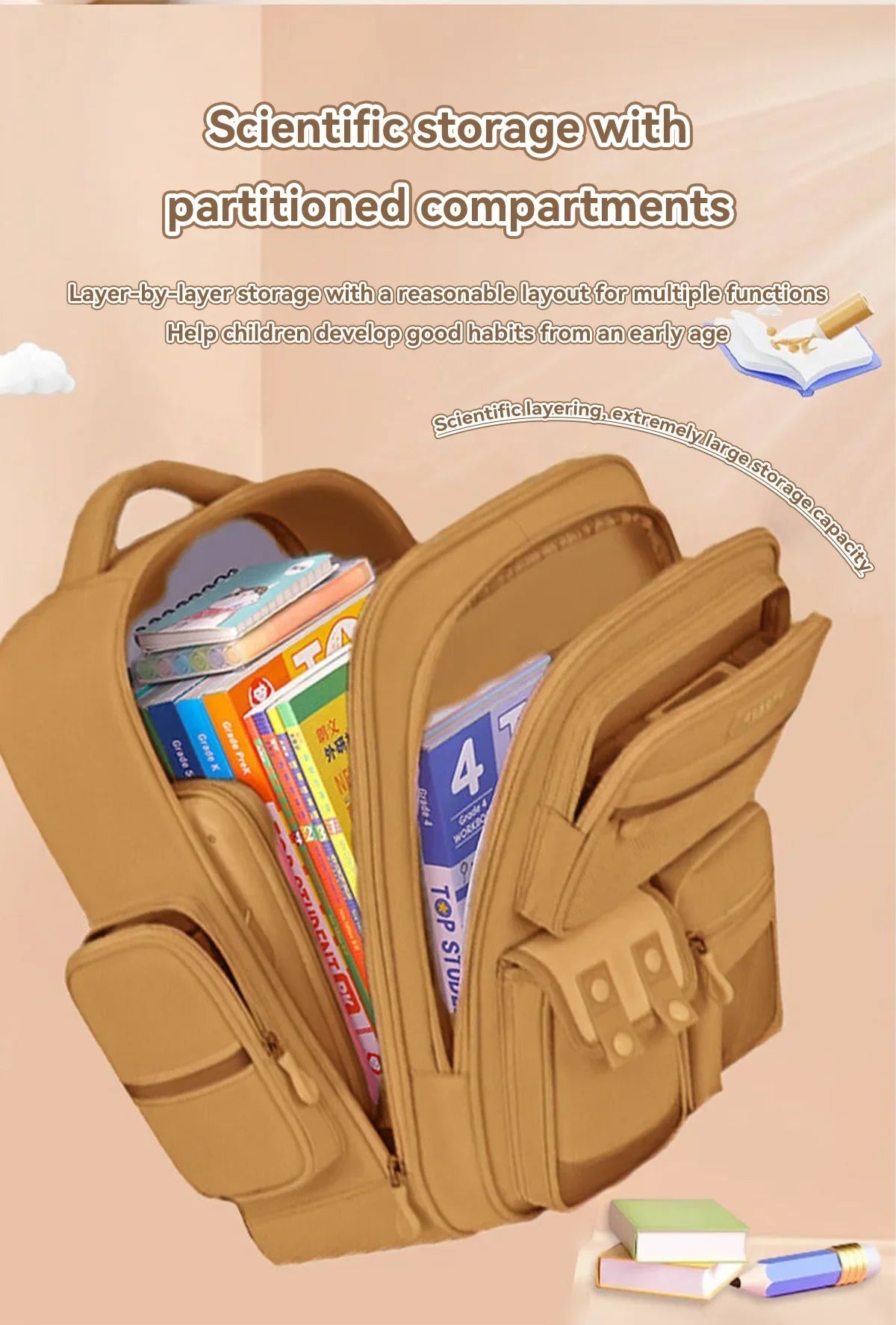 Capybara School Backpack – Large Waterproof Bag with Ergonomic Design Backpack with partitioned compartments for books on a beige background