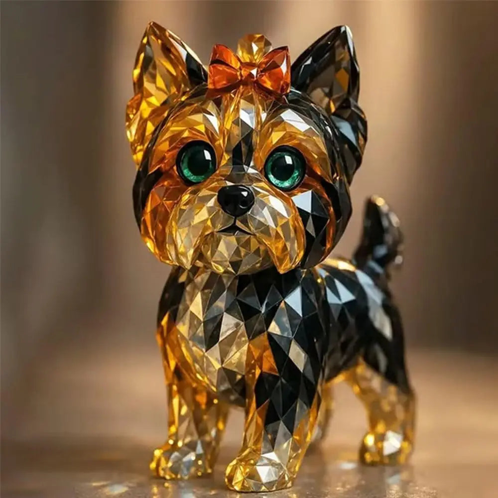 Clear Crystal Animal Figurine – Glass Dog & Cat Desktop Decor Crystal dog figurine with a bow on a blurred background