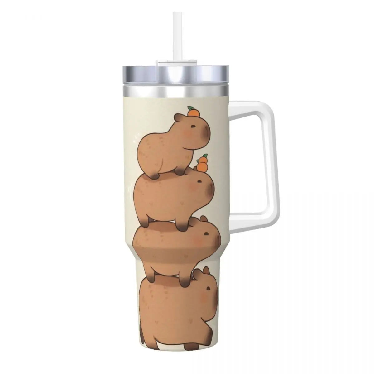 Capybara Insulated Tumbler – Stainless Steel Hot & Cold Drink Cup A handled stainless steel tumbler with a clear lid and straw, featuring a cute stacked capybara illustration on a light cream background.