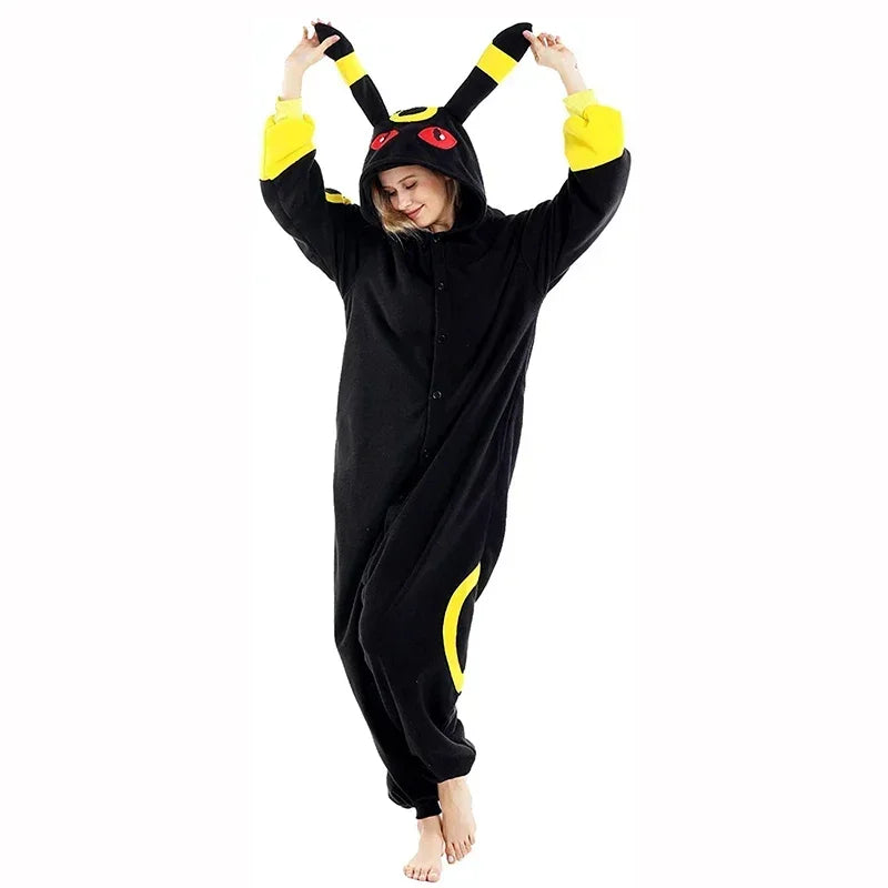 Pokemon Kigurumi Onesie – Snorlax, Gengar Anime Costumes Person wearing a black and yellow onesie with horn-like extensions on a white background