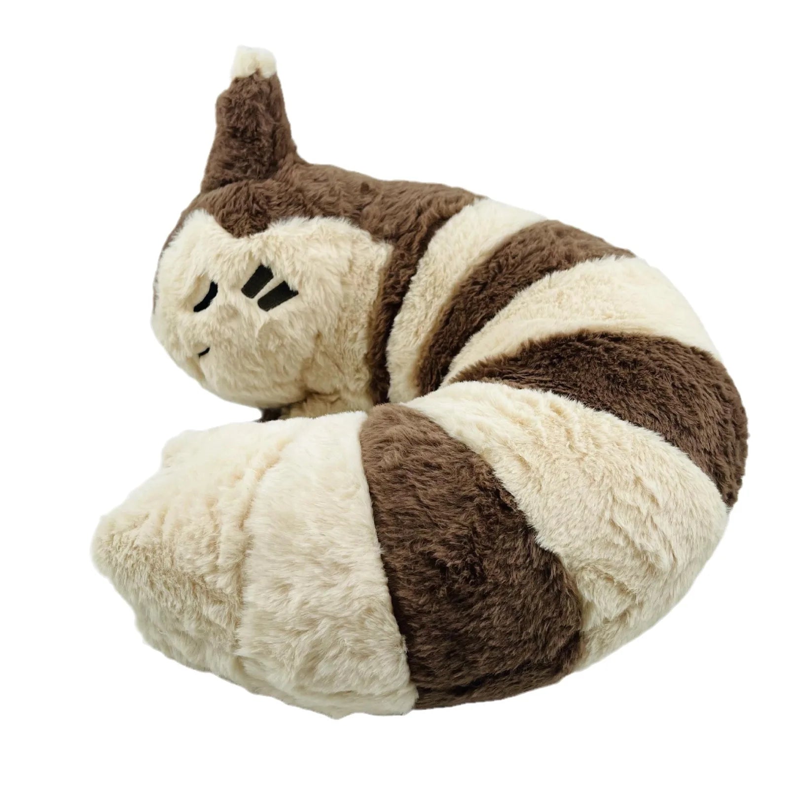 Pokemon Furret, Dratini & Snorlax Plush Neck Pillow A plush cat-shaped U-shaped neck pillow with brown and cream stripes, shown on a solid white background.