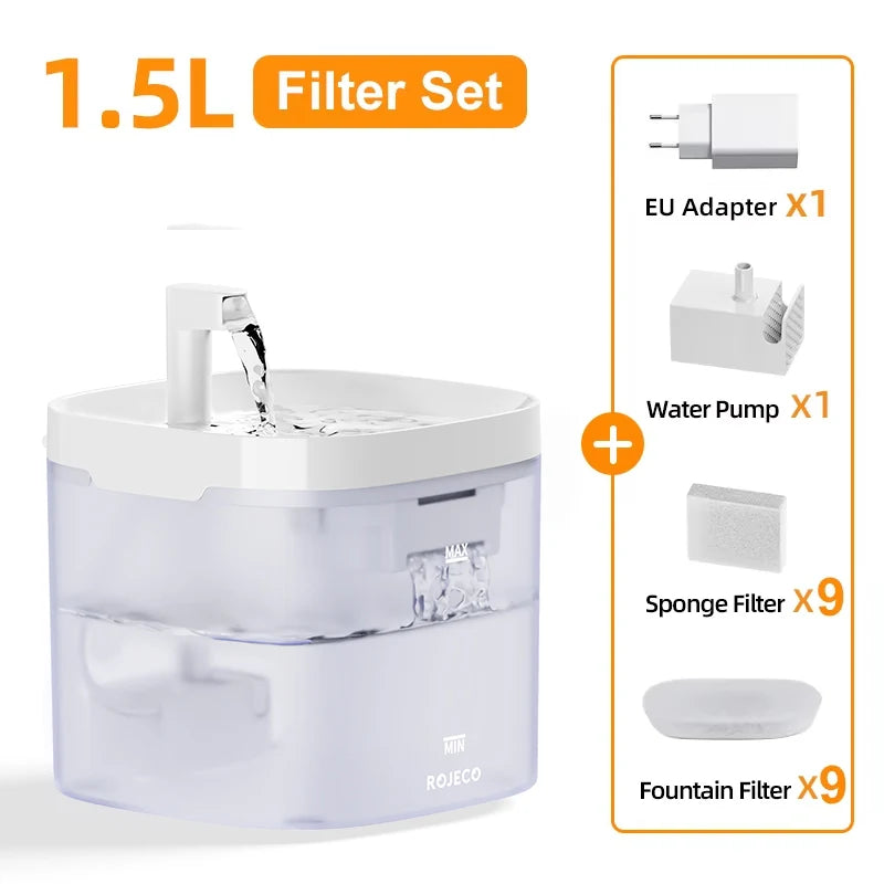 Smart Cat Water Fountain Automatic Filter Pet Dispenser Pet water fountain with filter set components on a white background
