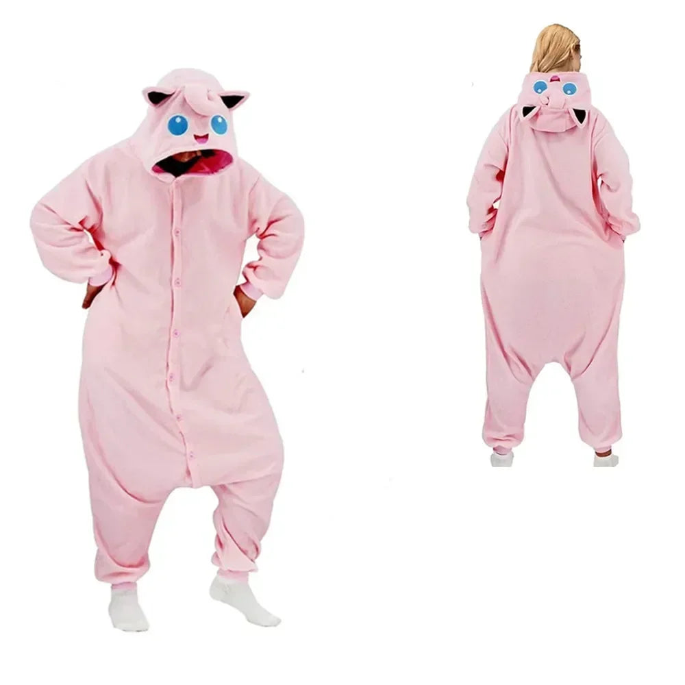 Pokemon Kigurumi Onesie – Snorlax, Gengar Anime Costumes Pink onesie with cartoon face design worn by a person on a white background