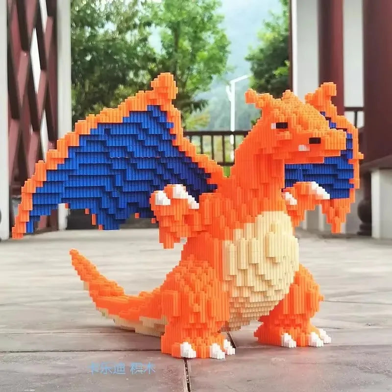 Pokemon Fire-Breathing Dragon Building Blocks – Model Brick Toy Toy dragon model made of interlocking bricks on a wooden deck