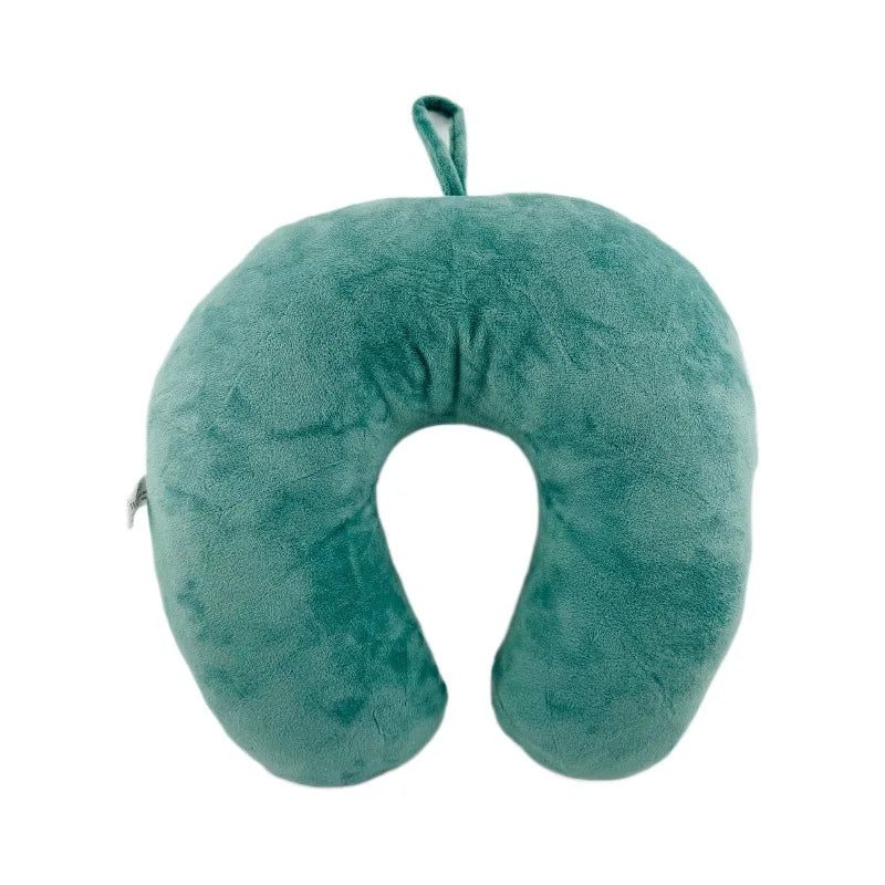 Pokemon Furret, Dratini & Snorlax Plush Neck Pillow A teal green U-shaped travel neck pillow made of soft plush fabric, featuring a small matching fabric loop at the top, shown against a plain white background.