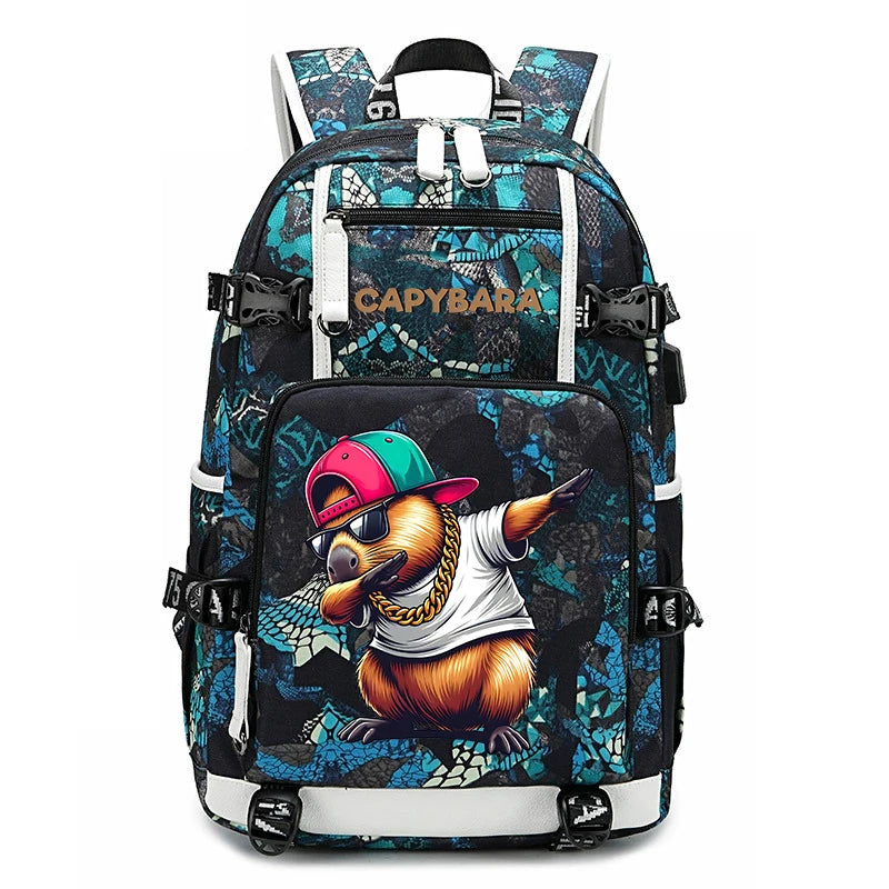 Capybara Backpack – Large Capacity Lightweight School Bag A black and blue patterned backpack featuring a cartoon kangaroo wearing a pink cap and gold chain on the front pocket, with the brand name 'CAPYBARA' printed above it.