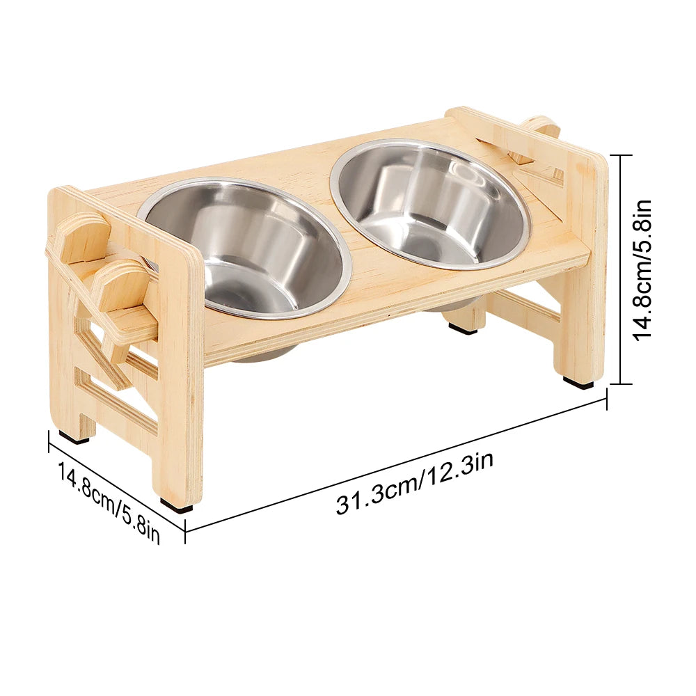 Elevated Adjustable Pet Feeder with 2 Stainless Steel Bowls Wooden pet feeder with two stainless steel bowls and dimensions on a white background
