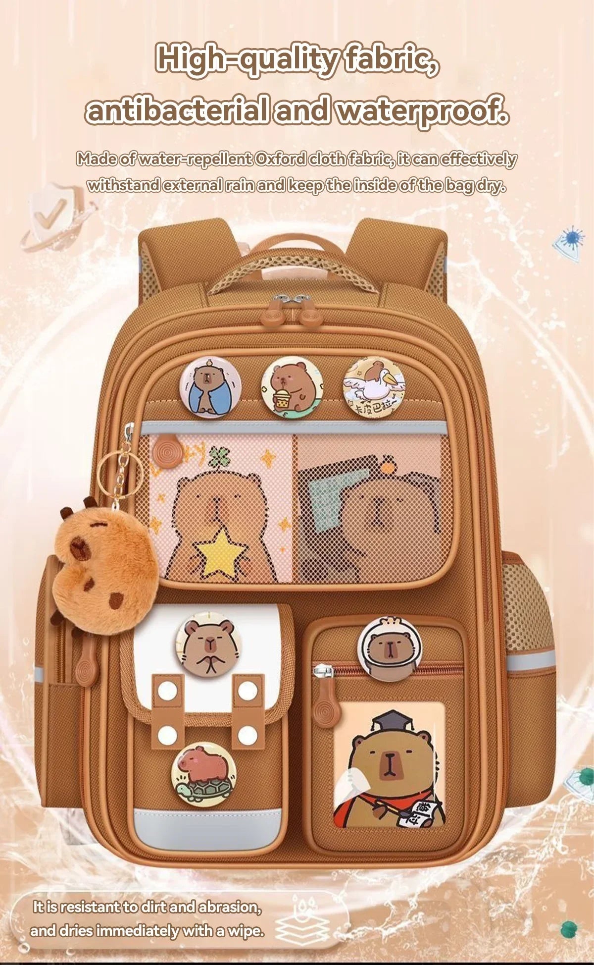 Capybara School Backpack – Large Waterproof Bag with Ergonomic Design Children's backpack with bear designs on a beige background