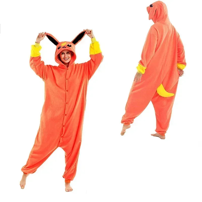 Pokemon Kigurumi Onesie – Snorlax, Gengar Anime Costumes Person wearing an orange onesie with a hood, front and back views on a white background.