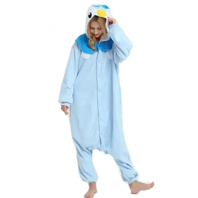 Pokemon Kigurumi Onesie – Snorlax, Gengar Anime Costumes Person wearing a blue penguin onesie on a white background
