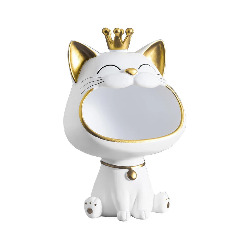 Lucky Cat Figurine with Storage Box – Resin Laughing Cat Home Decor White cat figurine with gold crown and collar on a white background