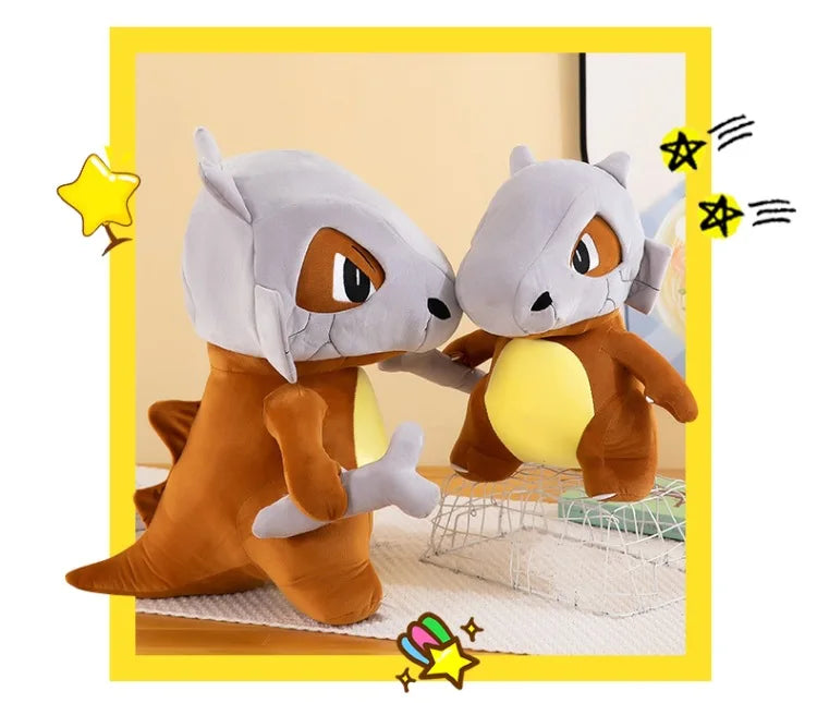 Pokemon Cubone Plush Pillow – Soft Stuffed Animal Two plush toys resembling fox-like creatures with a yellow border and star decorations.