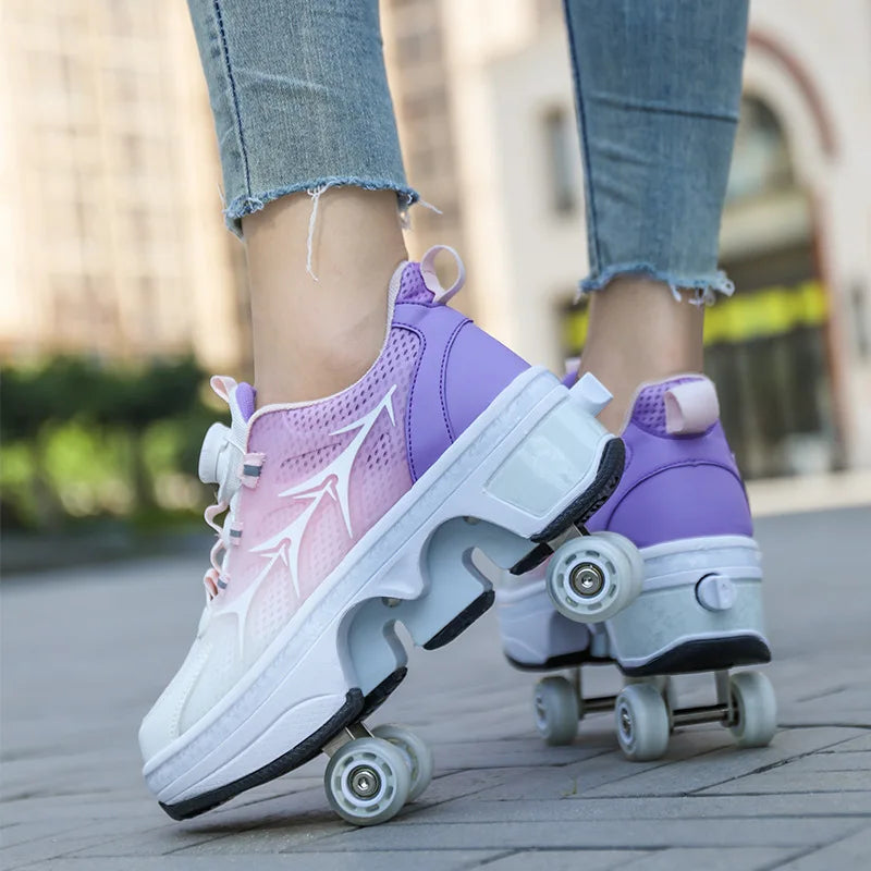 Deform Double Row Roller Skate Shoes Deform Double Row Roller Skate Shoes Furvenzy Pink Purple 4 Wheels Men's 4 (Ladies 5)