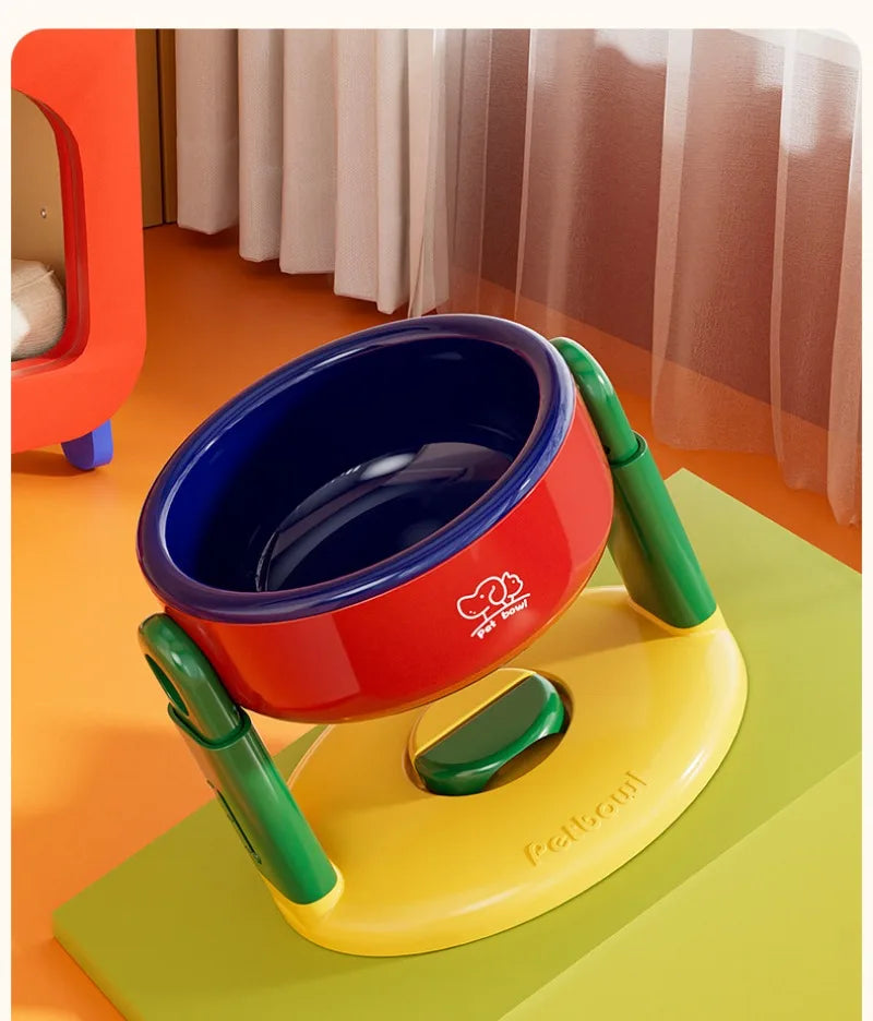 Adjustable Pet Bowl with Suction Cup Anti-Slip Colorful baby seat with blue bowl on a green mat in a room setting