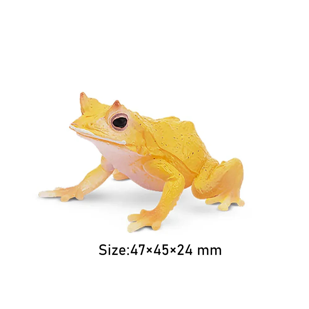 Strawberry Frog Mini Figure – Realistic Animal Model Collectible Toy Yellow frog figurine on a white background with size information.