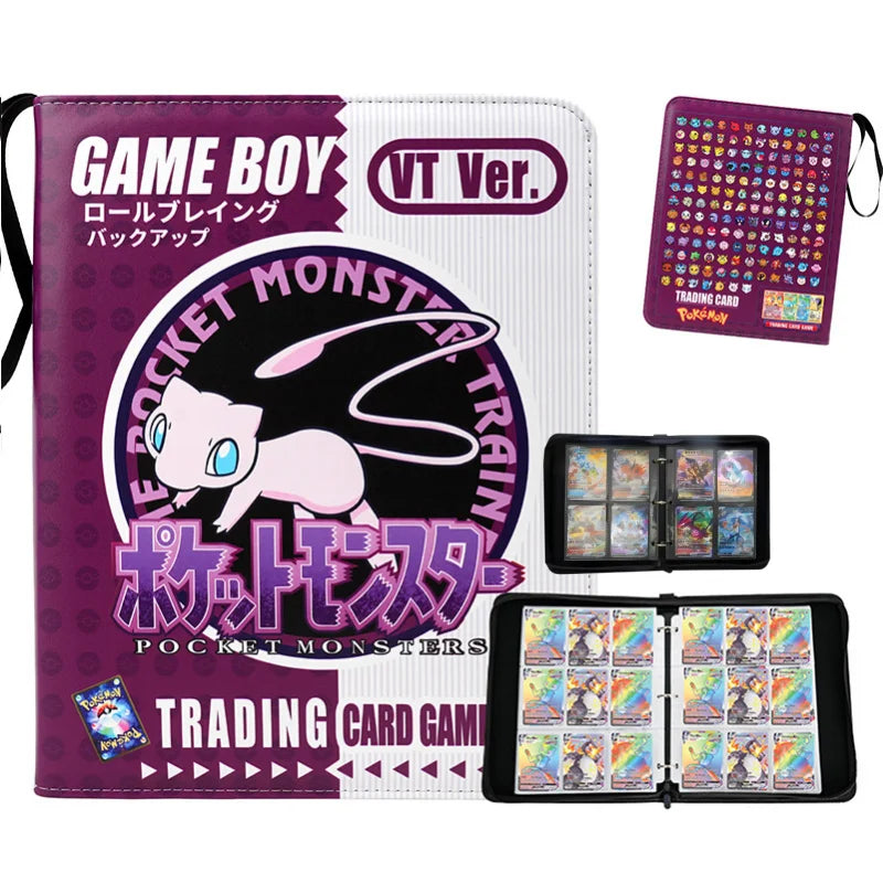 Pokemon Card Album – Gengar, Charizard & Eevee Trading Card Binder Game Boy trading card game packaging and accessories shown on a white background: a purple-and-white Game Boy VT Ver. Pokémon Monster Trainer case, a small purple card holder, and two open black binder pages filled with trading cards.