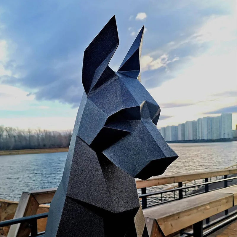 Doberman 3D Paper Model – DIY Animal Papercraft Room Decor Geometric sculpture of a dog's head by a waterfront with buildings in the background