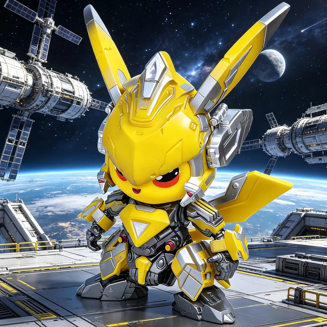 Pikachu Bumblebee Figure – Handheld Desktop Collectible Yellow robot toy with space station and Earth in the background