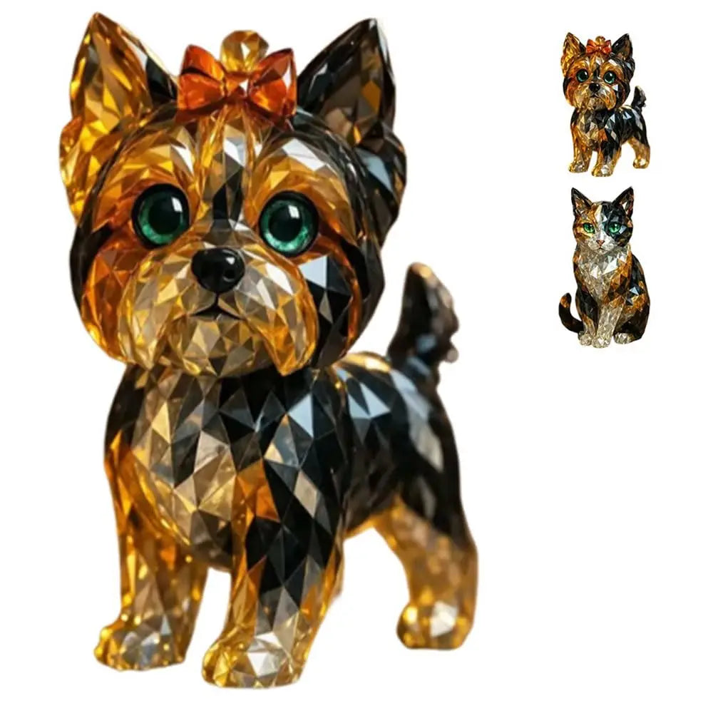 Clear Crystal Animal Figurine – Glass Dog & Cat Desktop Decor Crystal dog figurine with a bow, surrounded by smaller dog and cat figurines on a white background.