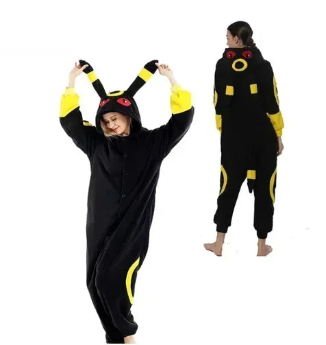 Pokemon Kigurumi Onesie – Snorlax, Gengar Anime Costumes Person wearing a black and yellow onesie with character design, shown from front and back.