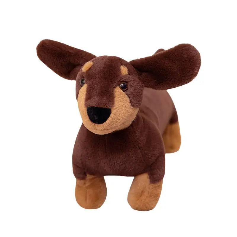 Realistic Dachshund Plush Dog Stuffed Animal A plush dachshund toy in dark brown and tan, standing on a white reflective surface against a light gray background.