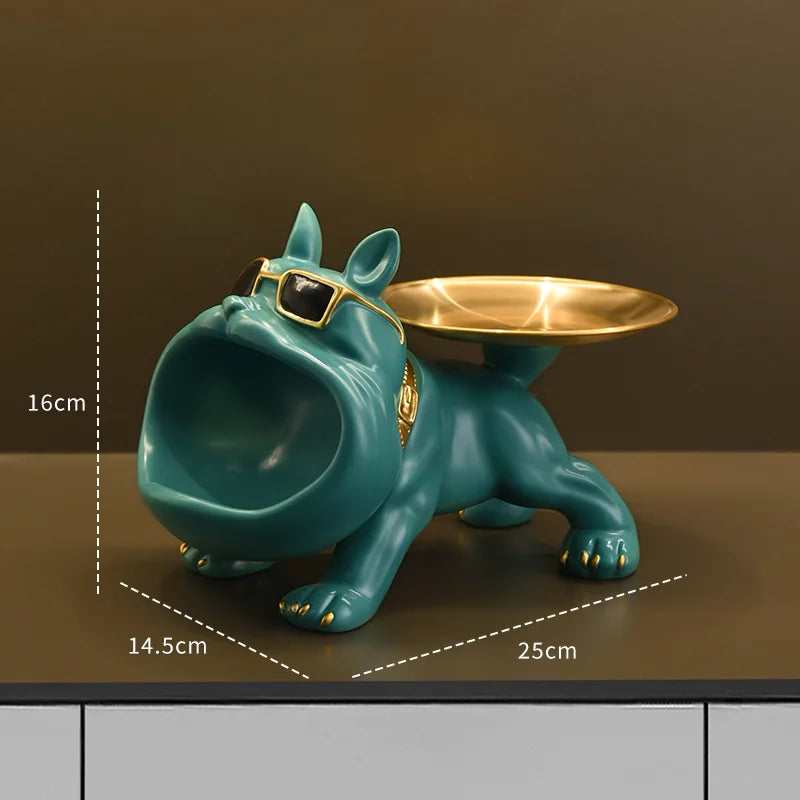 Bulldog Figurine with Storage Box – Resin Dog Home Decor Sculpture Teal dog-shaped candle holder with a gold bowl on a brown surface, showing measurements.