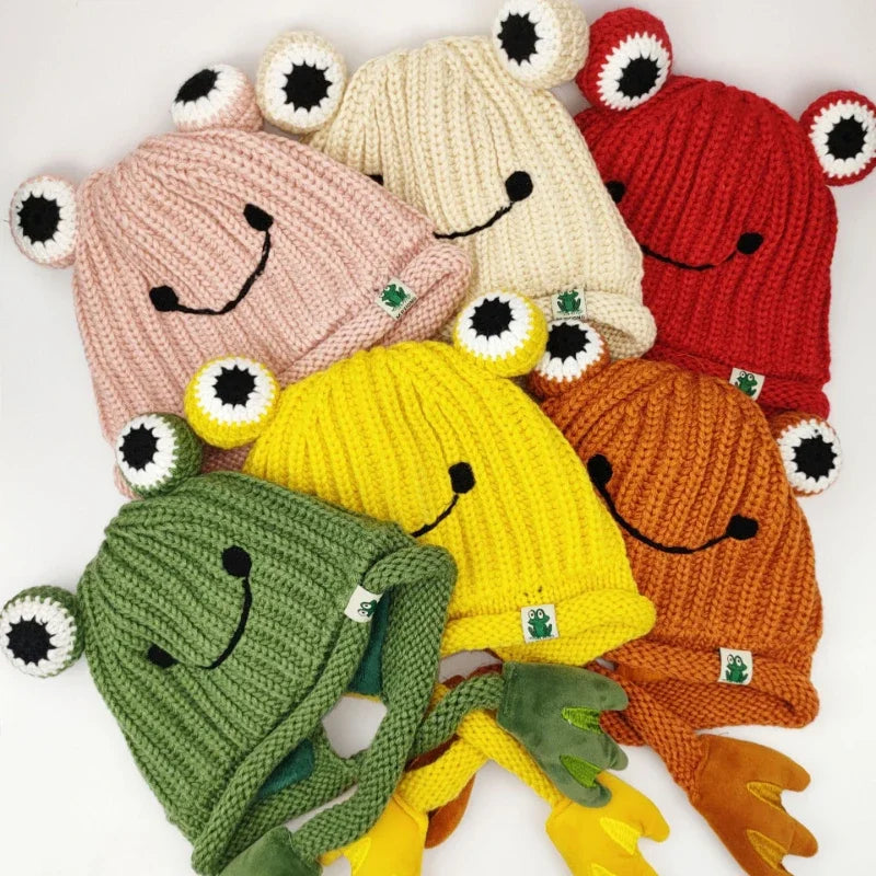 Parent-Child Cute Frog Knitted Hat – Warm Winter Cartoon Fisherman Cap Colorful frog-themed knitted hats on a white background